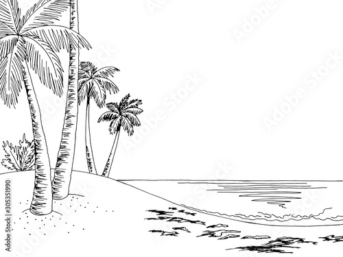 Sea coast graphic beach black white landscape sketch illustration vector