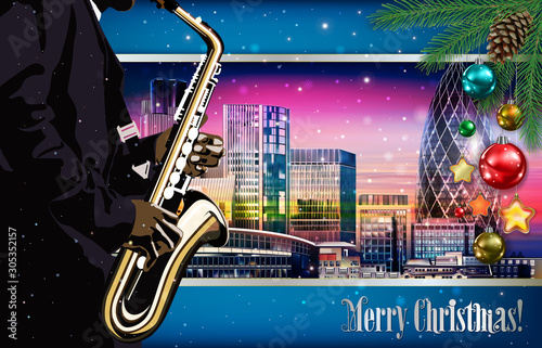 Christmas pink blue illustration with saxophone player on cityscape of London background