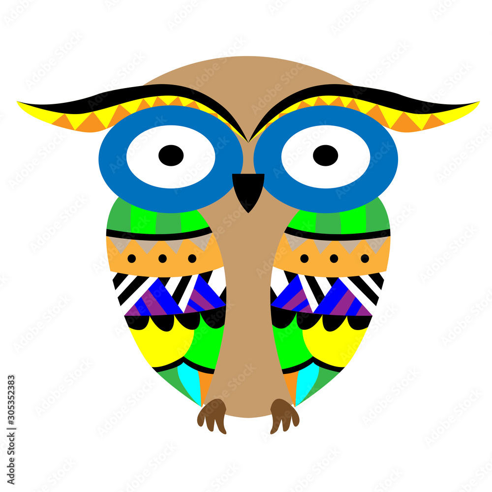 Fototapeta premium Vector cartoon zendoodle ornate owl illustration. Cute patterned funny bird. Picture for coloring pages, printing and antistress books.