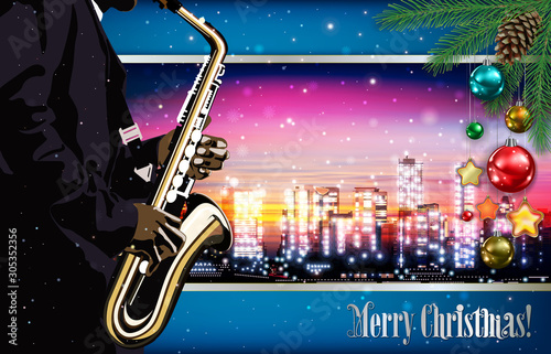 Christmas pink blue illustration with saxophone player on cityscape of Vancouver background