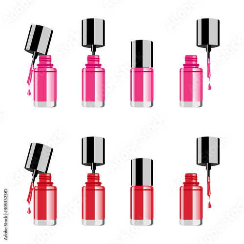 Nail polish colour set on white background with colorful drops realistic vector illustration
