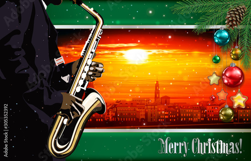 Christmas red green illustration with saxophone player on cityscape of Heidelberg background