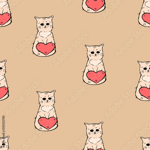 Sad cats with hearts on a coral background. Seamless pattern.