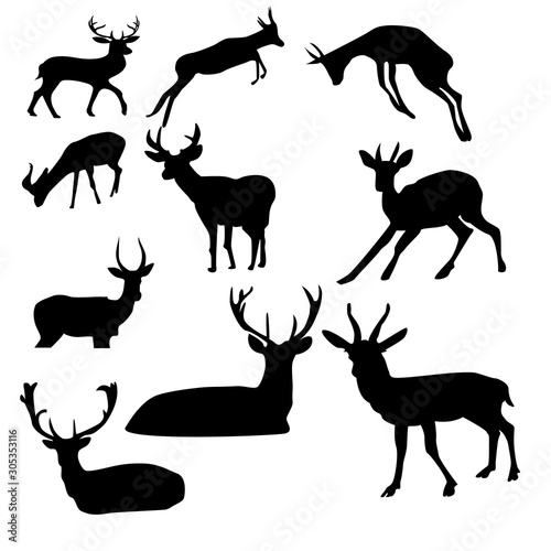 Set of deer. Black silhouette deer isolated on white. Hand drawn vector illustration.  deer jump
