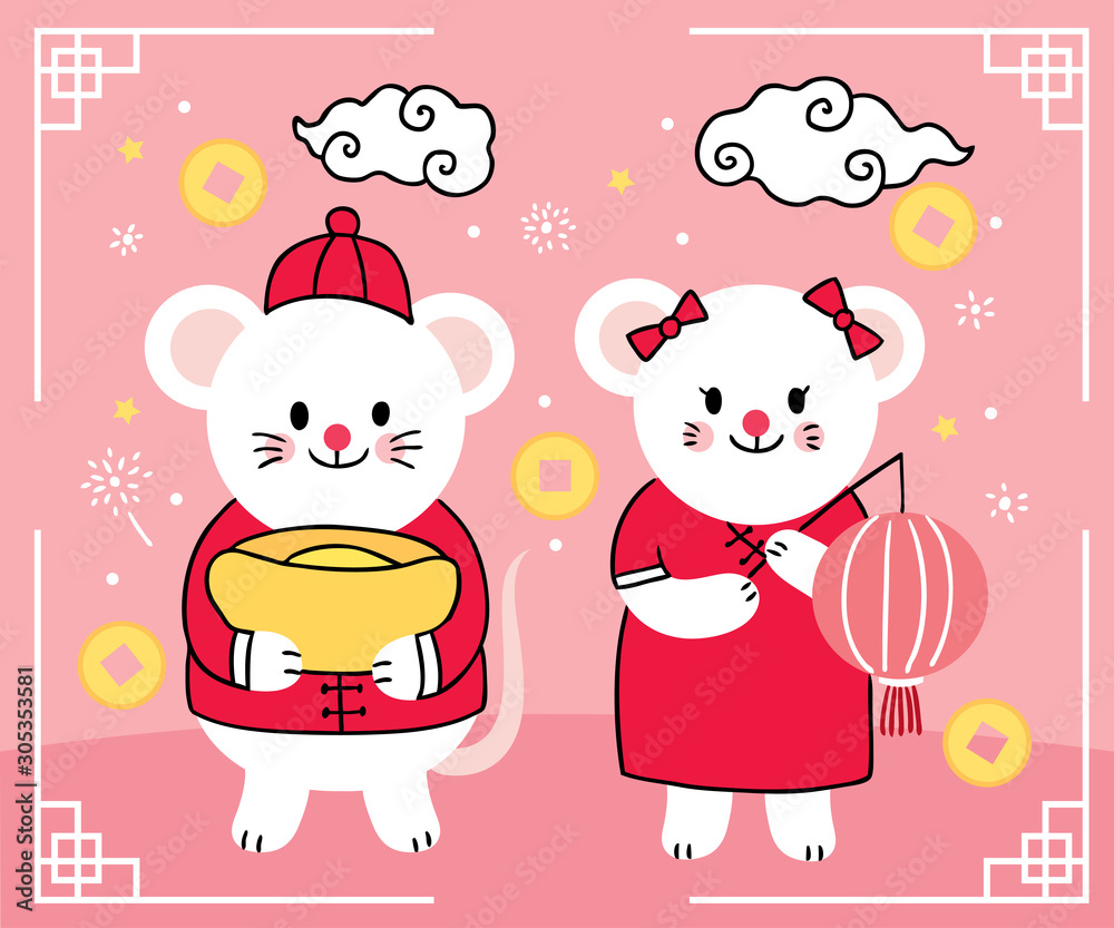 Obraz premium Cartoon cute Translation Happy chinese new year 2020 white mouses and sign golden vector.