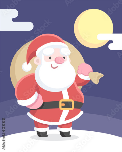 Santa Claus bearing gifts standing under full moon vector illustration