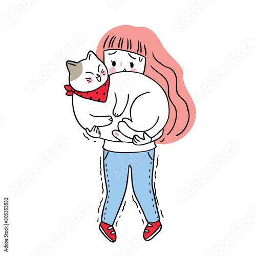 Cartoon cute woman carry cat. Feeting heavy vector.