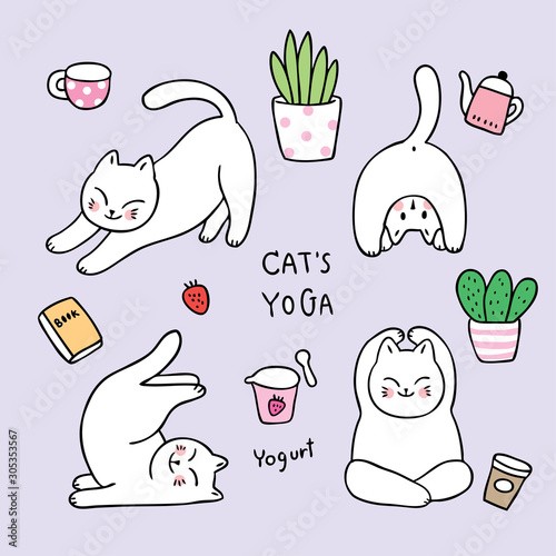 Cartoon cute doodle cats yoga relaxation vector.
