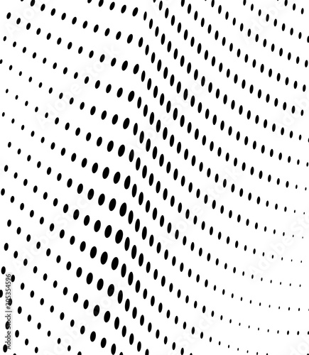 Abstract halftone background. Art texture of dots. Chaotic waves. Monochrome vintage backdrop. Black and white vector surface