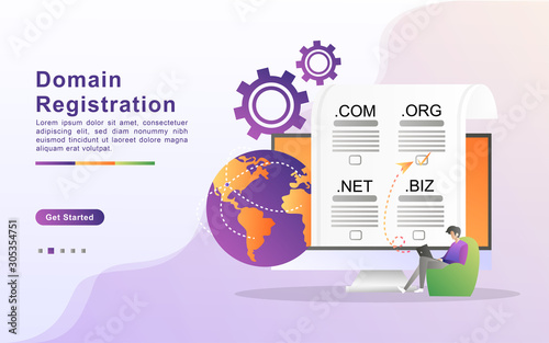 Vector illustration of registration & domain name concept with "domain" web and website hosting icon. Flat design for landing page, banner, web, template, marketing.