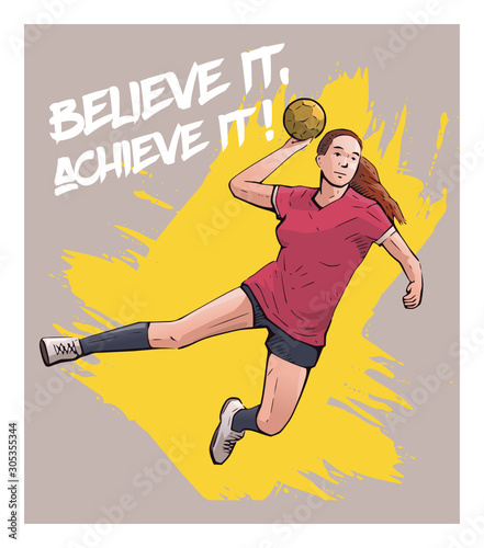 Vector illustration of female handball player jumping and ready to throw the ball. Sport themed poster on abstract background