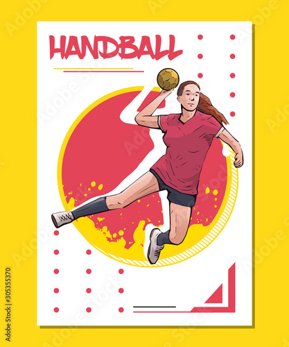 Vector illustration of female handball player jumping and ready to throw the ball. Sport themed poster on abstract background
