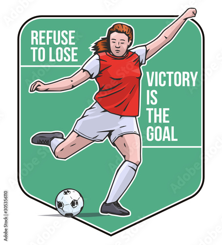 Vector illustration of female football or soccer player kicking the ball. Football sport poster on abstract background