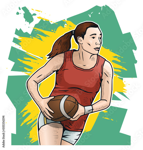 Vector illustration of female rugby player running with ball. Touch rugby sport themed poster on abstract background
