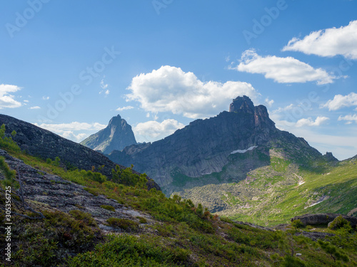 View of the mountain peaks in the Ergaki Nature Park. Sunny summer day in the mountains of the Western Sayan