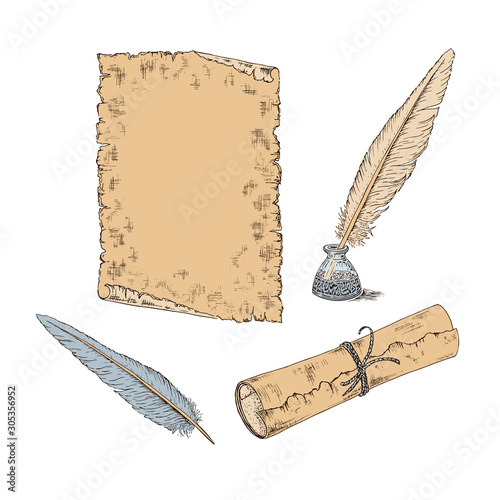 Hand-drawn scroll of paper, a sheet of paper in retro style, goose feather and inkwell. Pencil sketch vector illustration. Set of design elements