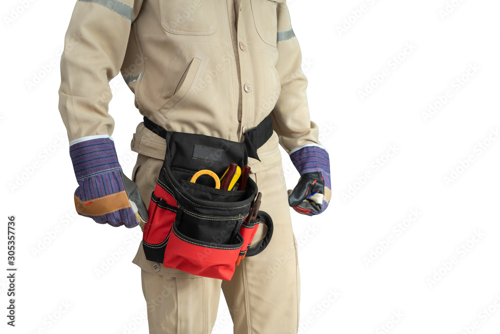 Close-up Electrician uniform with tool belt isolated on white background Close-up Electrician uniform with tool belt isolated on white background