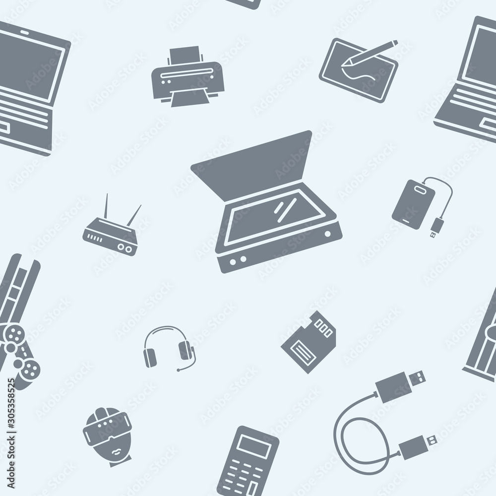 Electronic devices background - Vector seamless pattern solid silhouettes of technique and computer for graphic design Electronic devices background - Vector seamless pattern solid silhouettes of technique and computer for graphic design