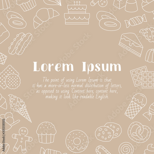 Candy card with text and vector outline illustrations of sweet food for graphic design