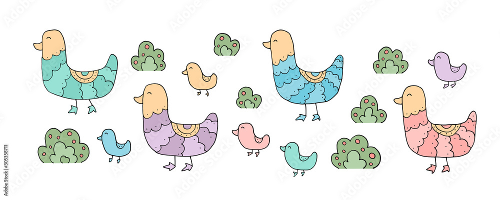 The drawing - funny ducks and hand drawn elements. The drawing - funny ducks and hand drawn elements.