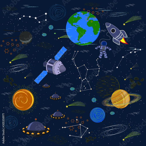 Space illustration with images of space objects and technologies, in the center text, space, vector, background black