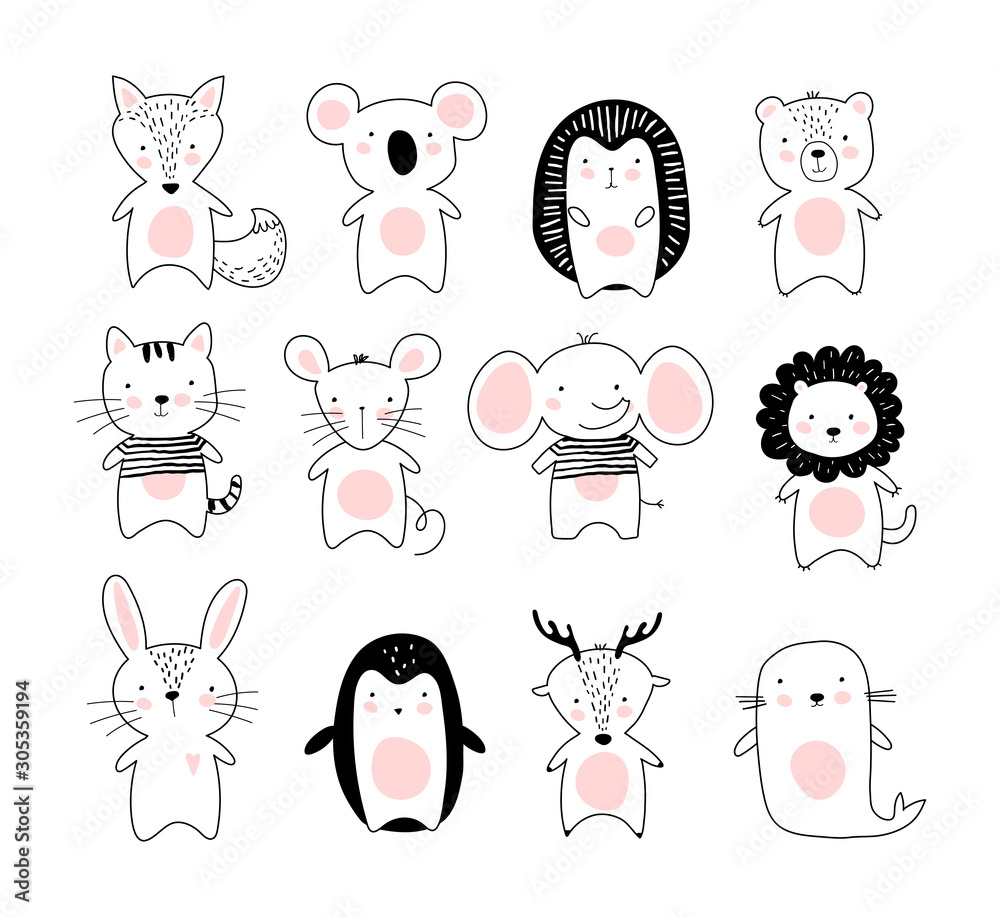 Kids doodle poster with cute animals. A collection of animals in a modern  Scandinavian Nordic style.