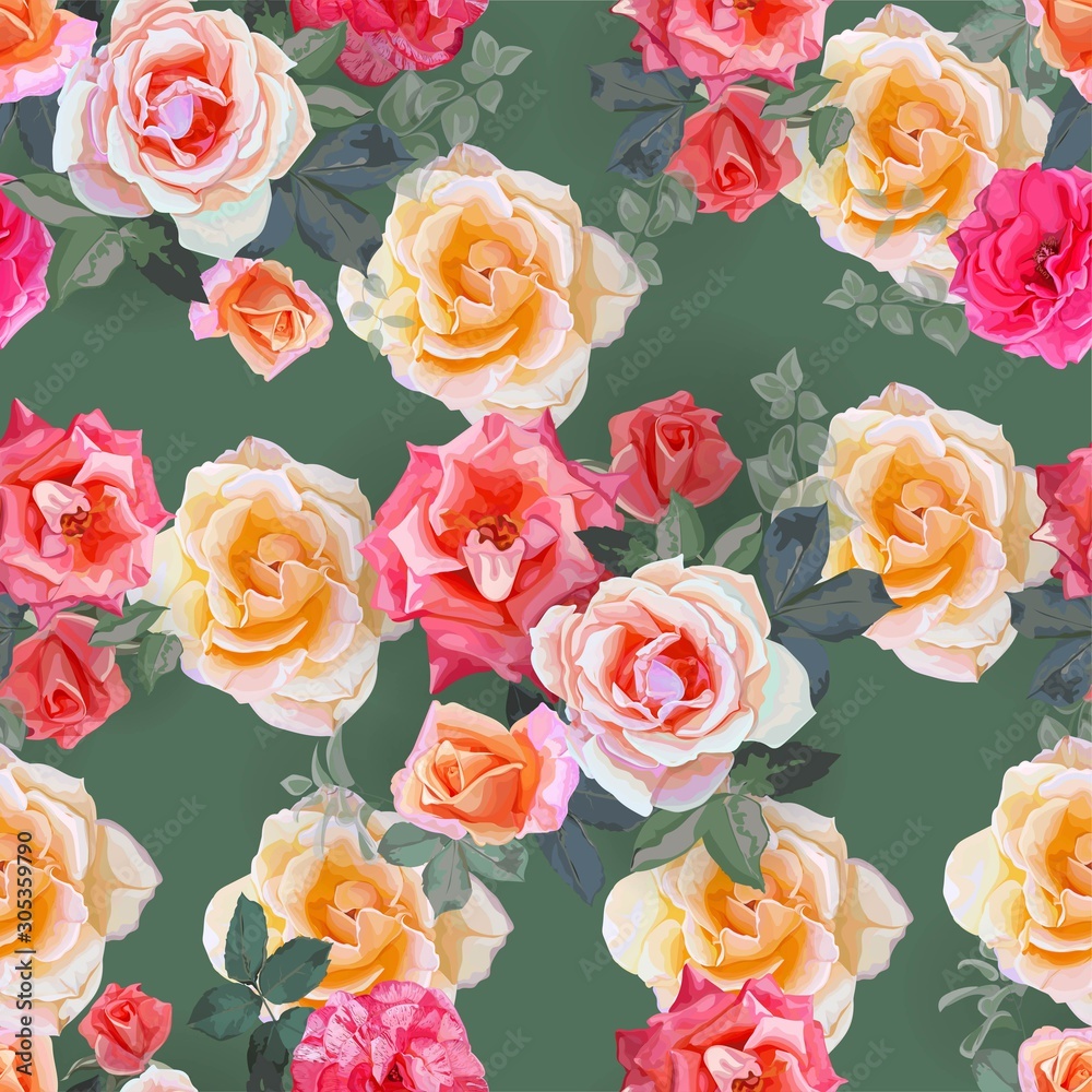 Roses bouquet with leaves  seamless pattern - vector illustration