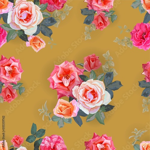 Roses bouquet with leaves  seamless pattern - vector illustration