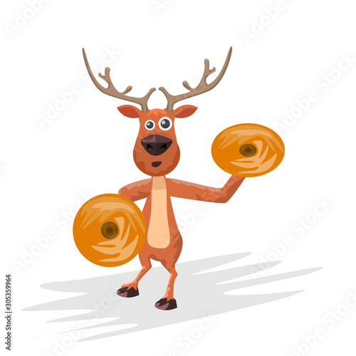 Christmas reindeer playing cynmbals. Hand drawn cartoon style deer and musical instrument for your design. Vector illustration.
