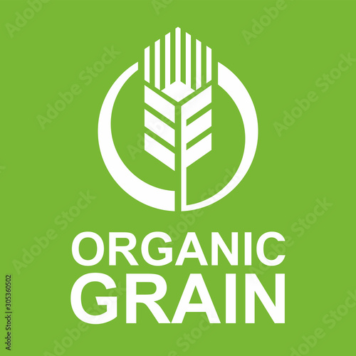 Organic grain logo. Stylized spikelet icon over text. Vector graphics