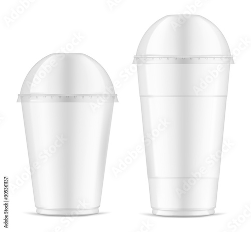 Clear empty plastic cup with dome lid set, realistic mockup. Disposable takeaway drink containers - small and big, vector template