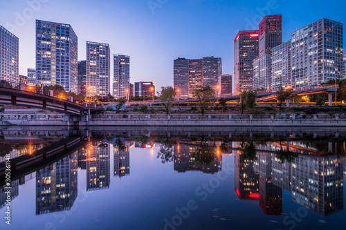 illuminated city waterfront downtown skyline  Beijing  China.
