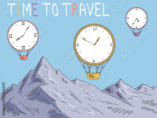 Mountain clock time to travel air balloon graphic color landscape sketch illustration vector