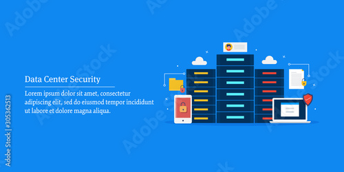 Data center, big data storage, data server security, cyber protection. Flat design web banner template.