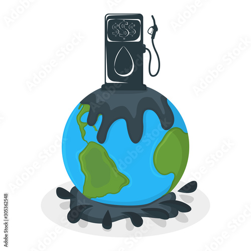 Earth Oil Pollution Concept Icon and Label. Earth Pollution by Petroleum. Catastrophe Symbol, Icon and Badge. Cartoon Vector illustration photo