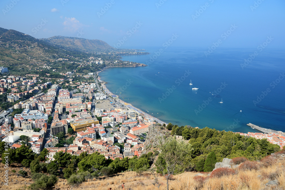 View of Cefalu town from the Rocca di Cefalu in the morning. Sicily, Italy