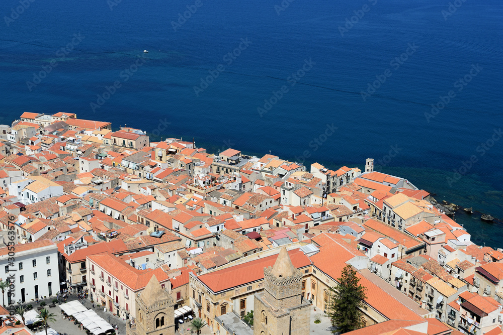 View of Cefalu town from the Rocca di Cefalu in the morning. Sicily, Italy