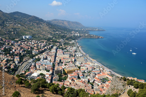 View of Cefalu town from the Rocca di Cefalu in the morning. Sicily  Italy