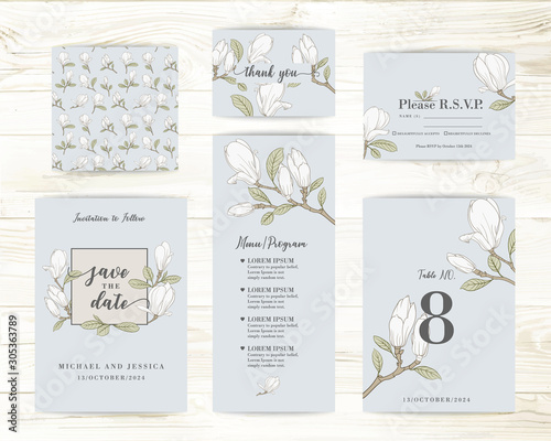 Collection of greeting cards. Invitation card with magnolia flowers. Set of Floral vertical template with garden blooming flowers.