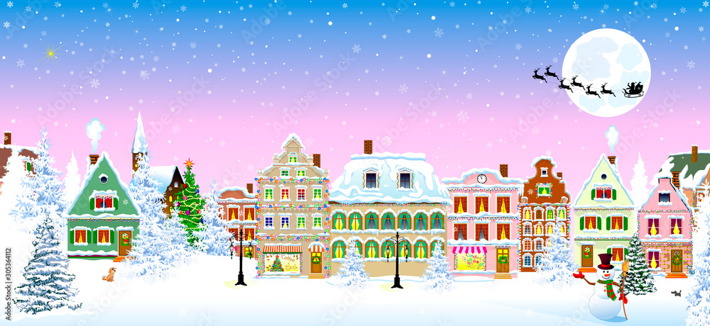 Fototapeta Houses snow snowflake winter night Christmas. Houses, city, church, trees. Winter city landscape. Christmas Eve night. Snowflakes in the night sky. Silhouette of Santa Claus on a sleigh with deers on