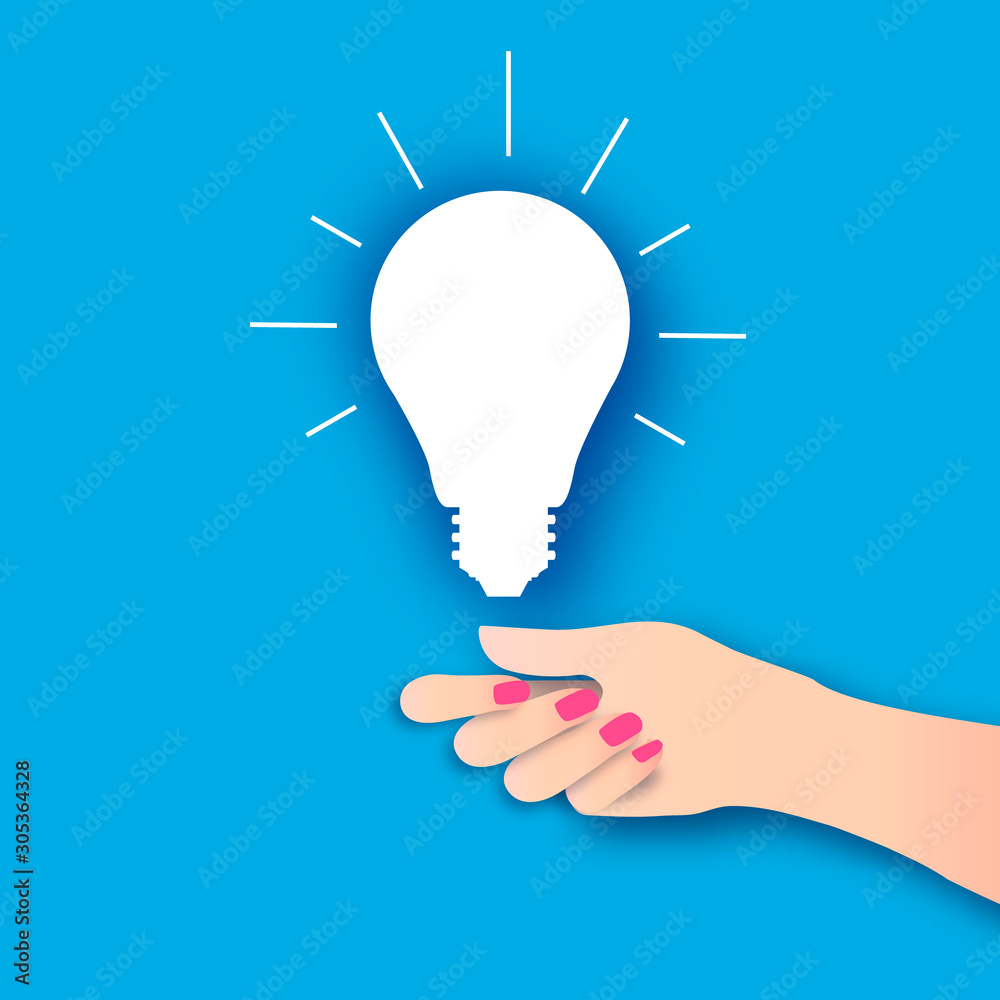 Female hand holding a light bulb in paper cut style. Origami white Electric bulb for creativity, startup, brainstorming, business. Blue background. Female hand holding a light bulb in paper cut style. Origami white Electric bulb for creativity, startup, brainstorming, business. Blue background.