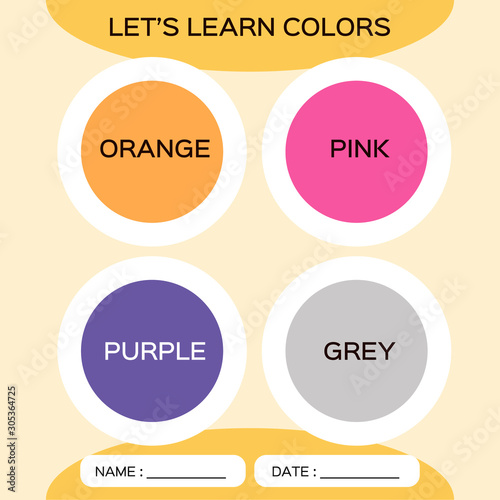 Learning circle shapes with color for kids education. Orange, pink, purple, grey. Special for preschool kids. Activity Worksheet. Orange background.