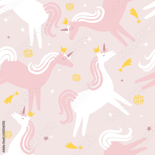 Horses - unicorns, hand drawn backdrop. Colorful seamless pattern with animals. Decorative cute wallpaper, good for printing. Overlapping background vector. Design illustration