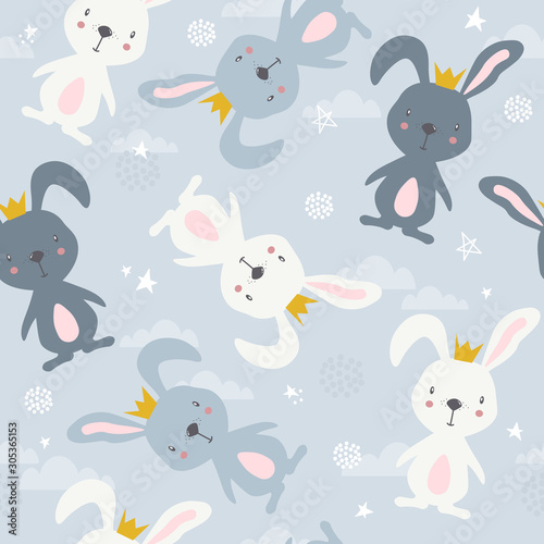 Bunnies and stars hand drawn backdrop. Colorful seamless pattern with animals, sky. Decorative cute wallpaper, good for printing. Overlapping background vector. Design illustration, rabbits