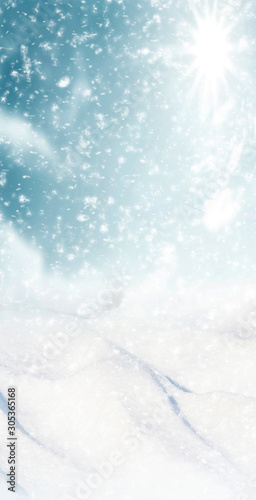 Abstract winter christmas background with shiny snow and blizzard. Space for text. Vertical for stories