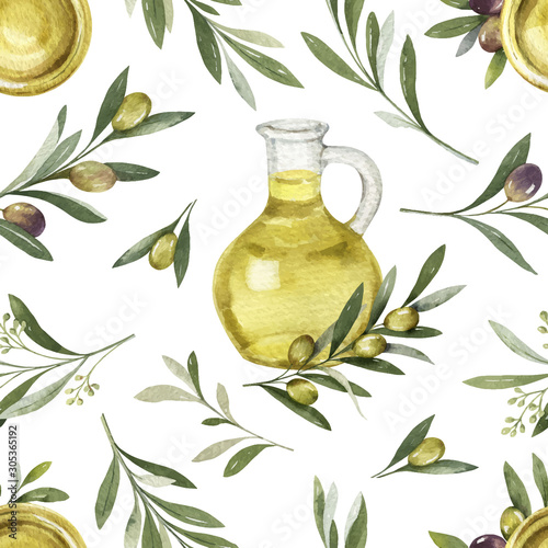 Watercolor vector seamless pattern with olive branches, berries and a bottle of oil.