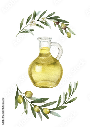 Watercolor vector card with glass bottle of olive oil.