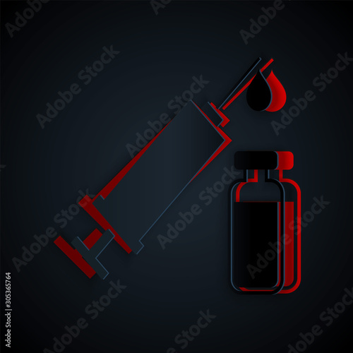 Paper cut Medical syringe with needle and vial or ampoule icon isolated on black background. Vaccination, injection, vaccine, insulin concept. Paper art style. Vector Illustration