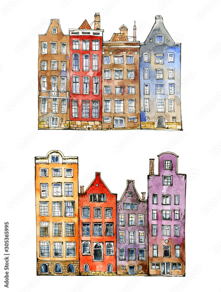 Watercolor sketch or illustration of a beautiful view of traditional residential buildings or urban architecture in Amsterdam in the Netherlands