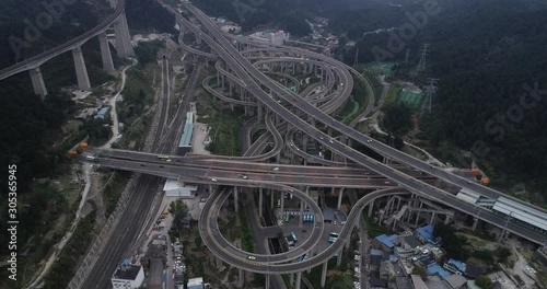 aerial view of buildings and highway interchange in dawn in Guiyang, China photo